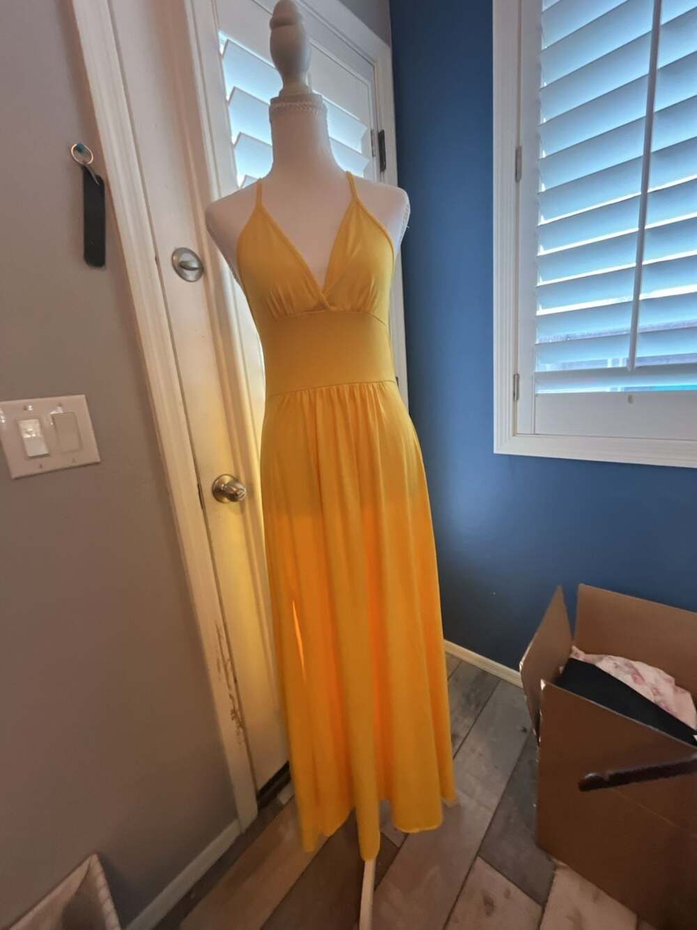 Breezaya Solid Color Halter Backless High Slit Maxi Dress Yellow Size M